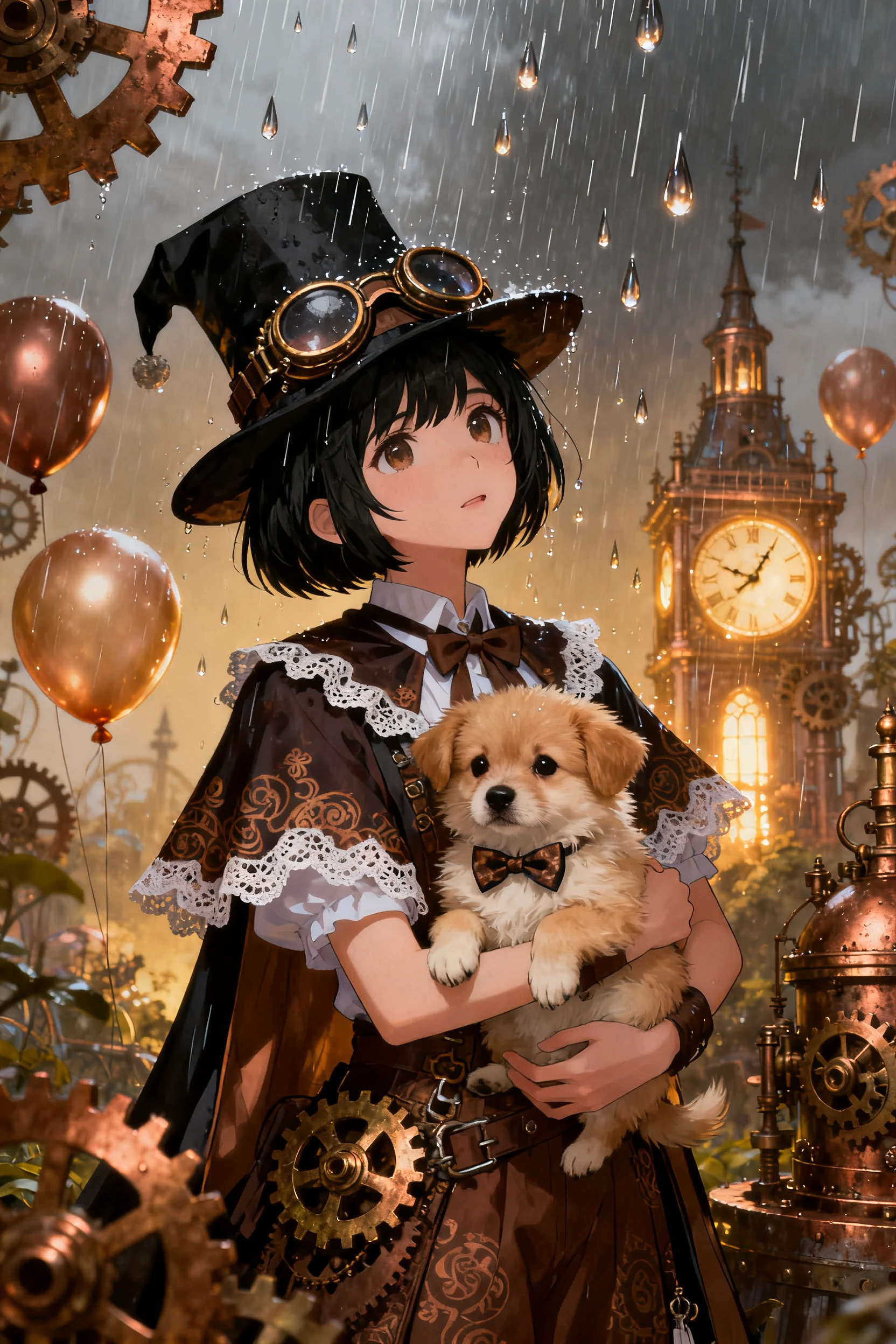 A steampunk witch girl in a dress holding a fluffy puppy, rain and gears with Big Ben in the background