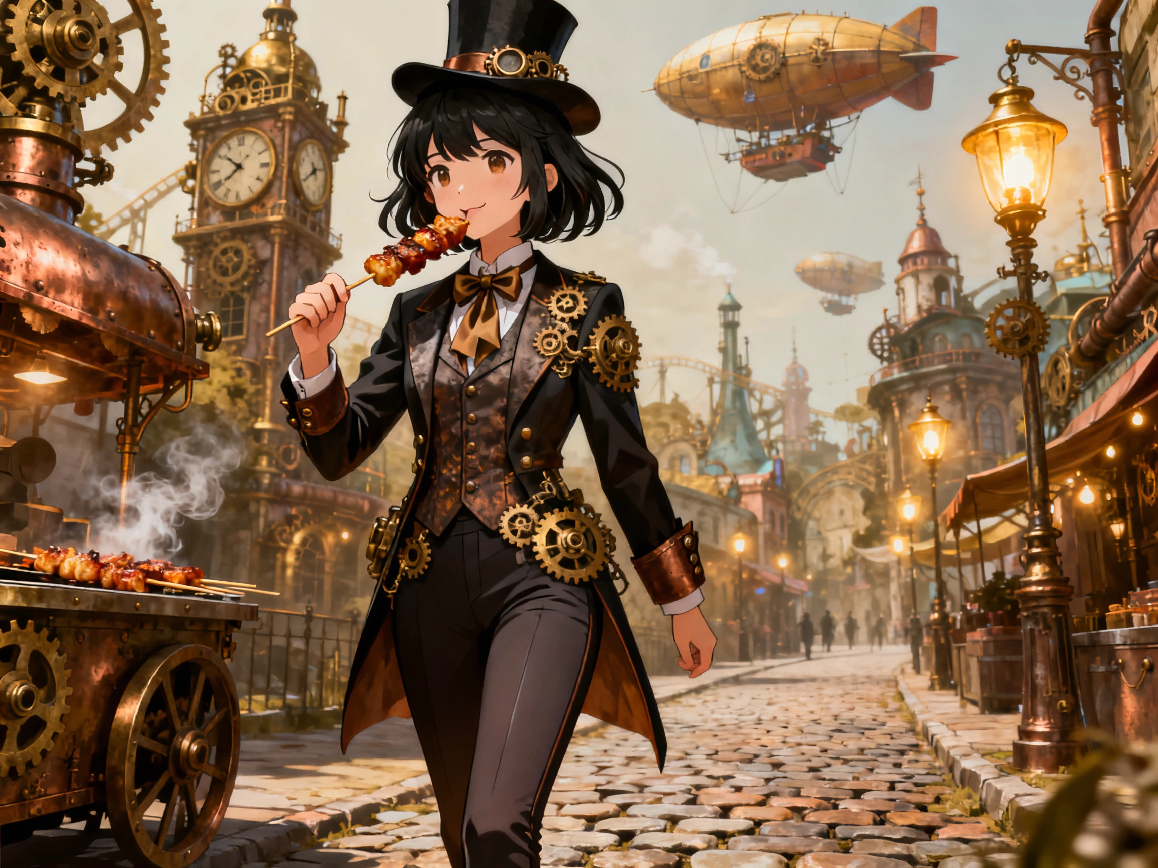 Steampunk-dressed anime girl in a black suit eating skewered food amid a gear-filled steampunk city.