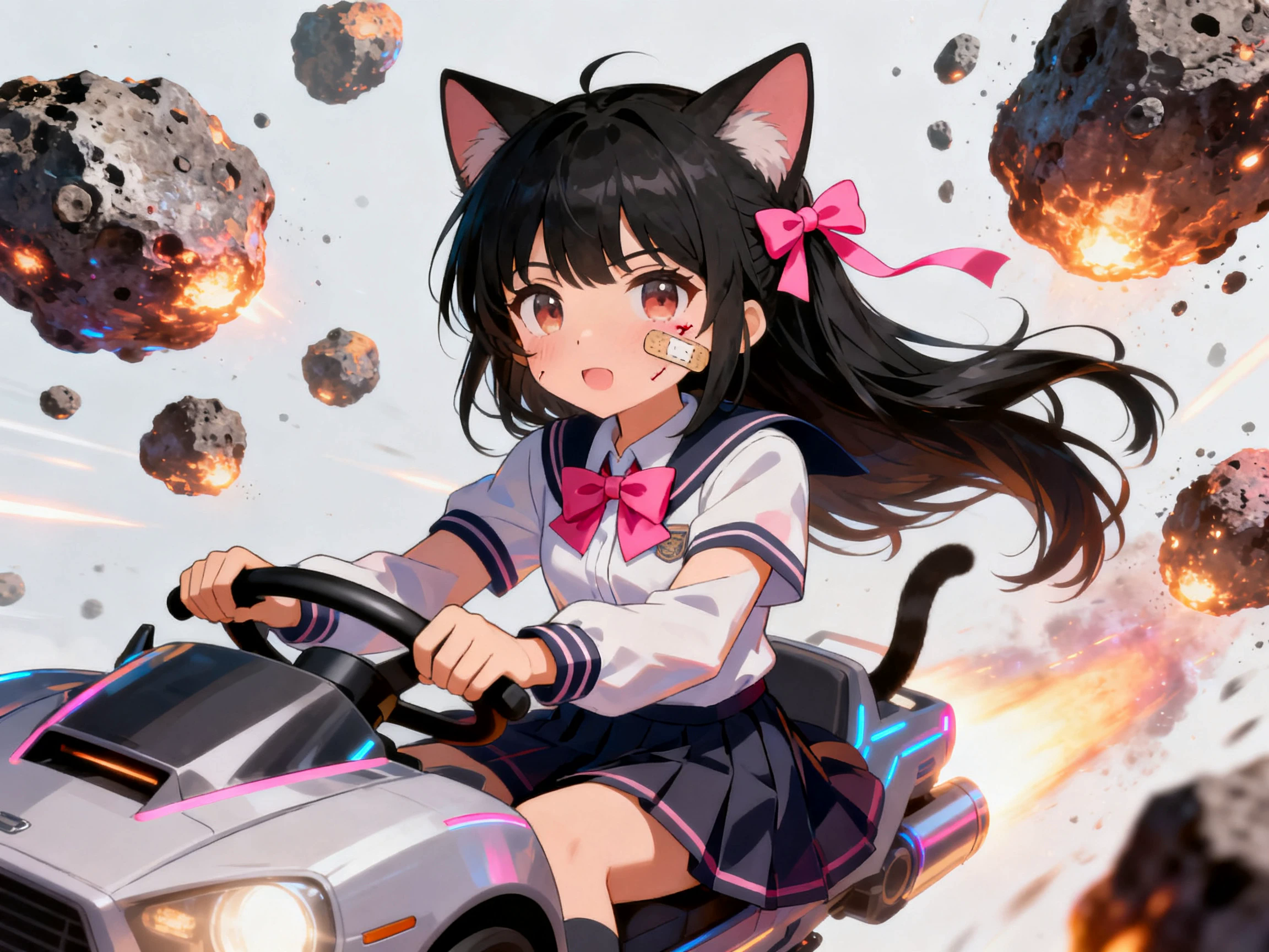 Cat ear anime school girl driving a futuristic go kart past burning falling meteors