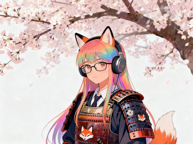 Anime girl with rainbow hair and fox ears in headphones and samurai armor under cherry blossoms.