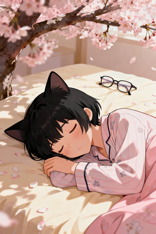 Anime-style girl with cat ears sleeping on a bed under cherry blossom branches in pink pajamas.