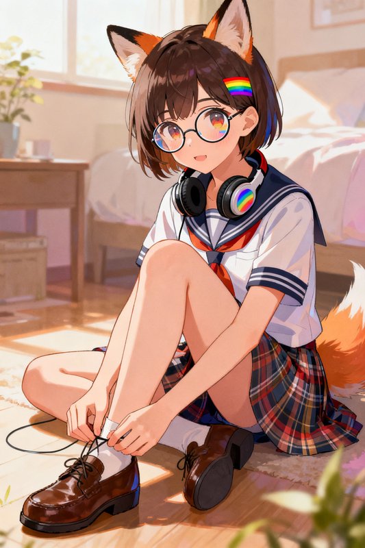 Anime girl with fox ears in a school uniform, glasses, rainbow headphones, tying brown shoes.