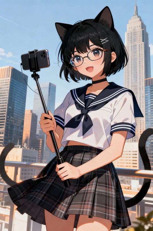 Anime-style girl with cat ears in a sailor uniform taking a selfie with a selfie stick in a cityscape.