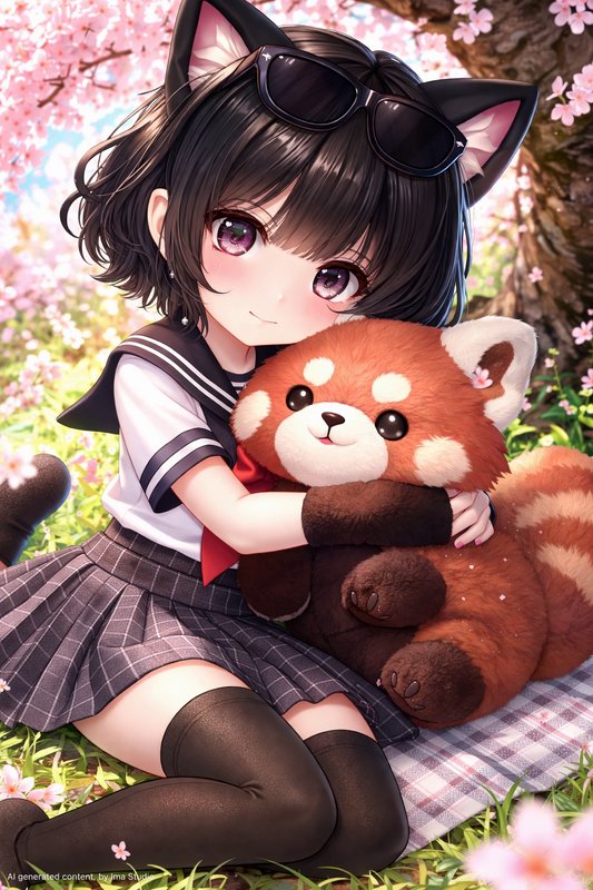 Anime-style girl with cat ears and sunglasses hugging a plush red panda under cherry blossoms.