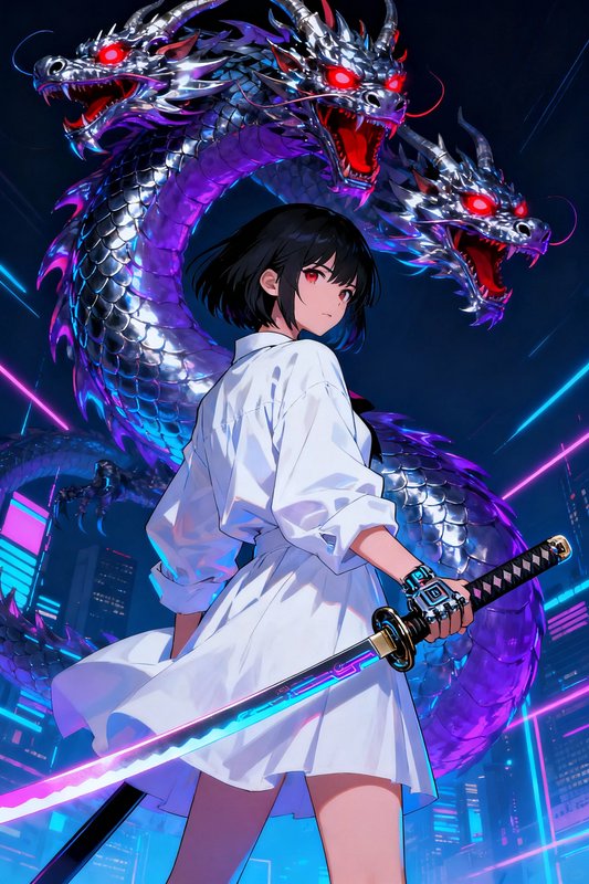Anime girl in a white shirt wields a neon-lit katana as a three-headed purple dragon looms behind in a neon-lit city.
