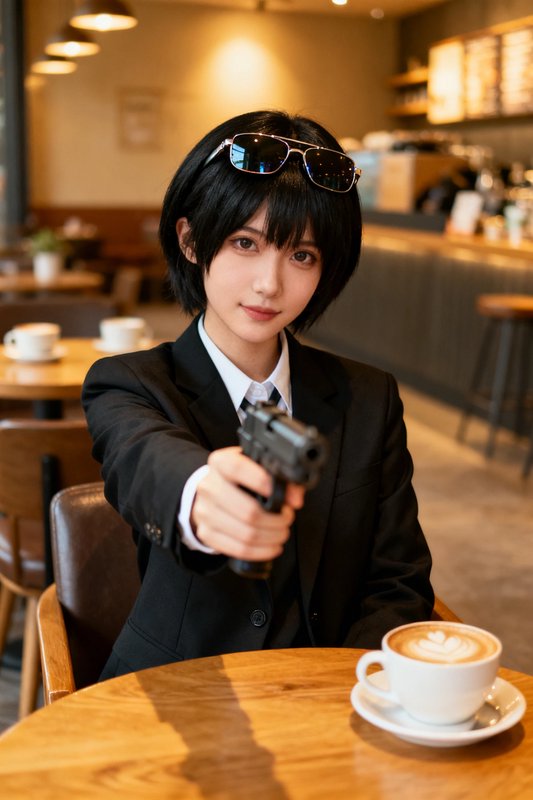 Woman in a black suit points a handgun at the camera in a cozy cafe.