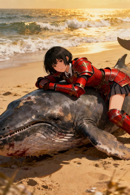 anime girl in red armor lying on a beached narwhal-like whale at sunset