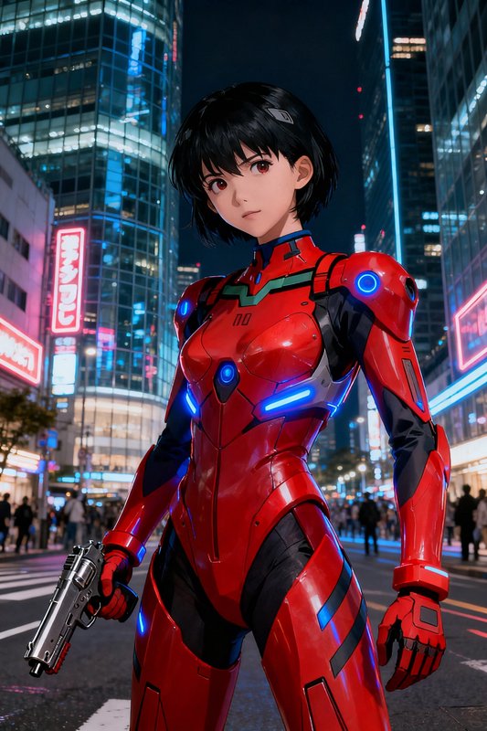 Female anime-style pilot in a red mecha suit with a pistol in a neon-lit urban night scene.