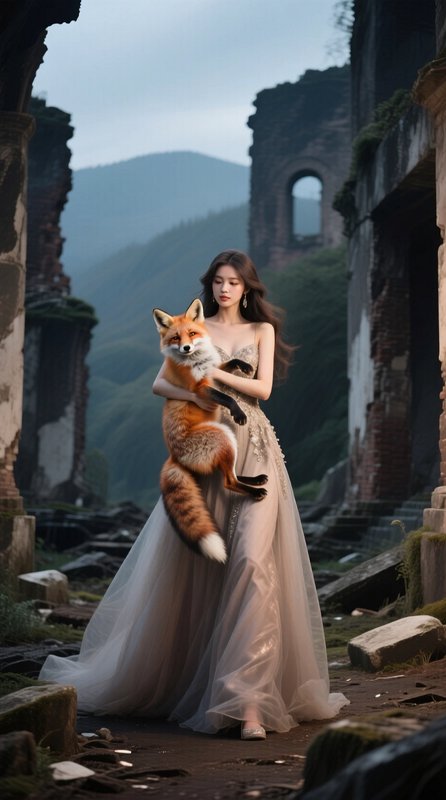 Woman in a flowing cream gown holding a red fox among ancient ruin arches with a mountain backdrop