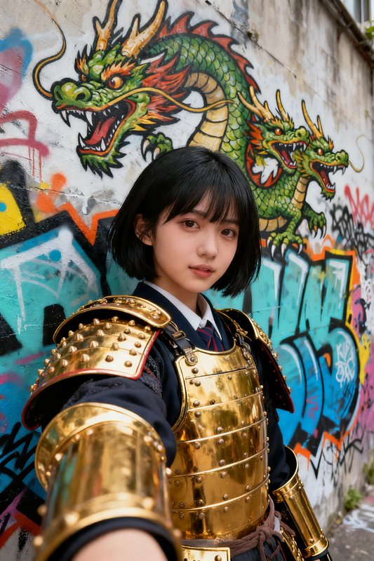 A person in gleaming gold armor poses in front of a colorful dragon graffiti mural.