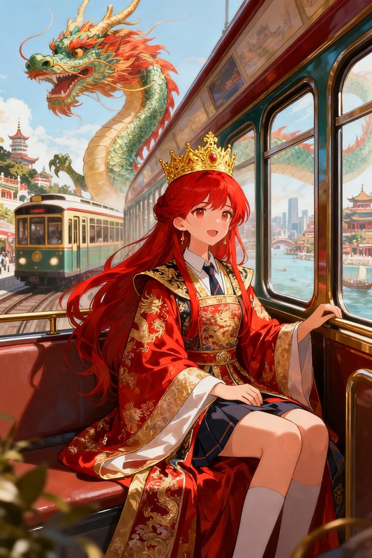 Anime-style red-haired princess with a golden crown sitting in a vintage tram, dragon sculpture in the background.