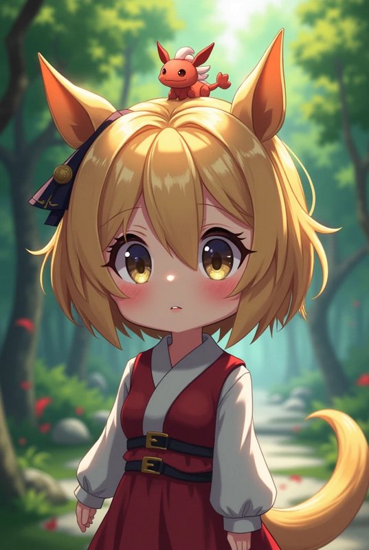 Cute anime-style girl with fox-like ears in a forest, small dragon-like creature perched on her head.