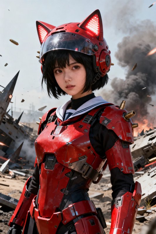 Person in red futuristic armored suit with glowing cat-ear helmet in a war-torn battlefield.