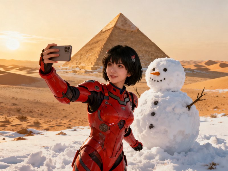 Person in red sci-fi armor taking a selfie in a desert with a snowman and pyramid at sunset.