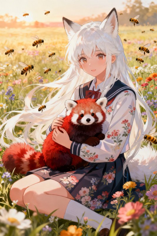 Anime-style girl with fox ears sitting in a flower field, holding a red panda cub, bees buzzing around.