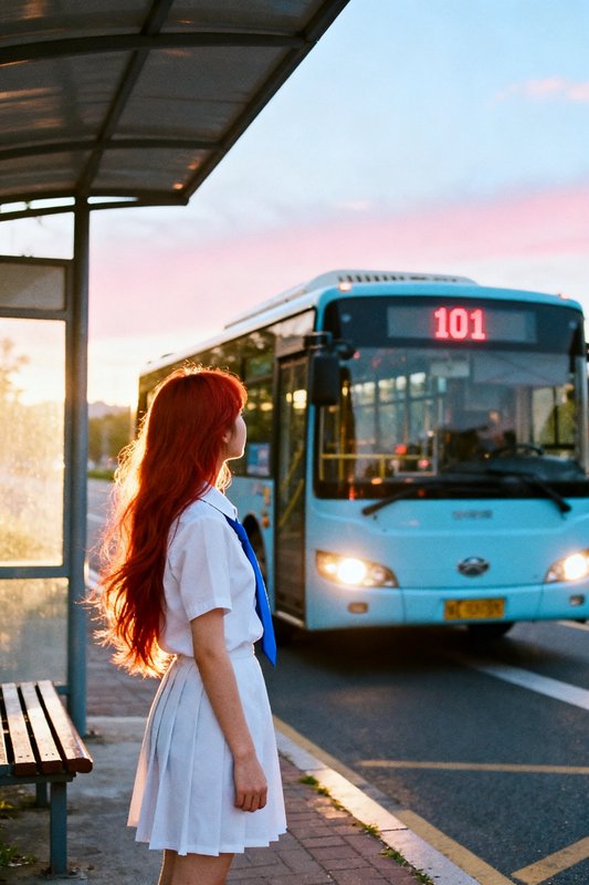 A girl with long red hair in a white school uniform waits at a bus stop as a blue city bus approaches at sunset.