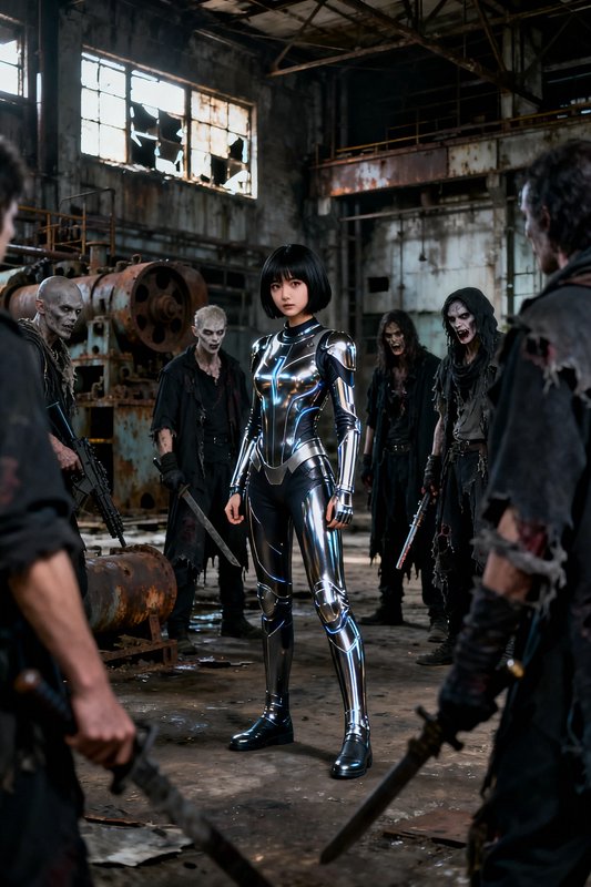 Cosplay of a woman in a reflective metallic bodysuit standing among zombie-like figures in a ruined factory
