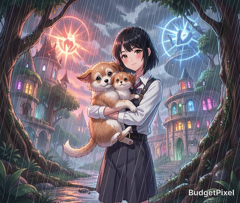 Anime-style girl in the rain holds two corgi puppies in a colorful, magical city backdrop.