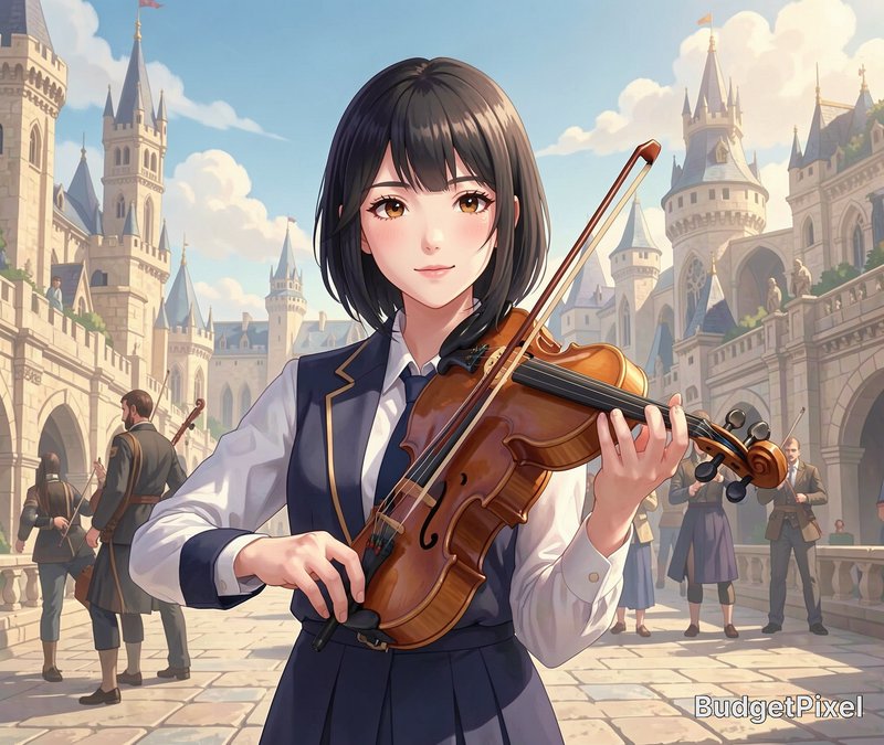 Anime-style girl in a school uniform plays violin in a medieval castle plaza.
