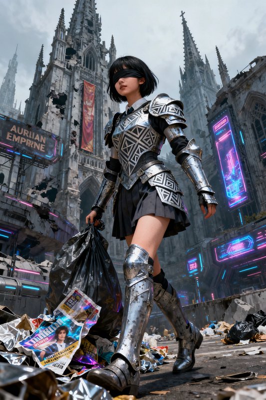 Woman in metallic armor cosplay marching through a dystopian neon city street.