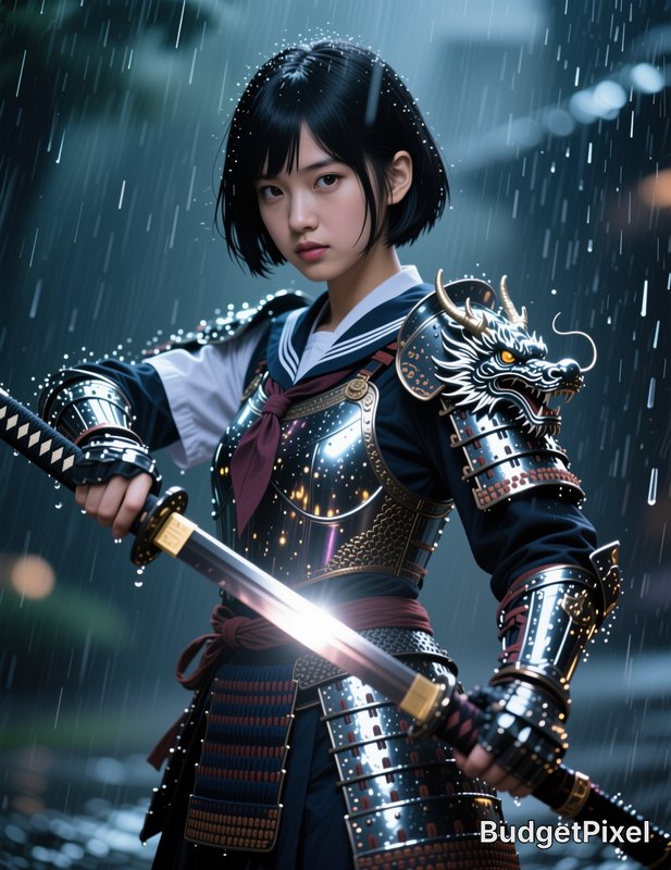 Young female samurai in ornate dragon-themed armor wielding a katana in heavy rain.