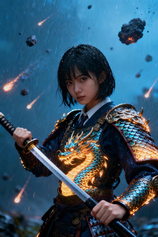 Young warrior in glowing dragon armor wielding a sword in a rainy battle scene