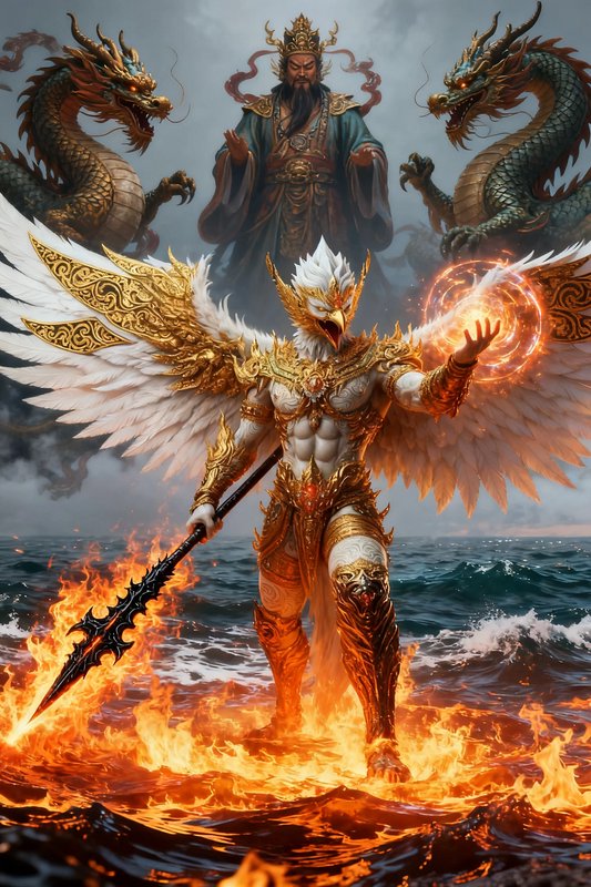 Ornate golden-armored garuda warrior wields a fire spear in flaming ocean, with celestial deity a...