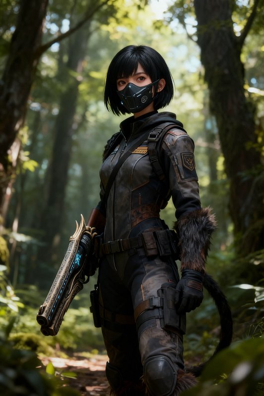 Masked female futuristic tactical warrior holding an ornate energy rifle stands in a sunlit misty...