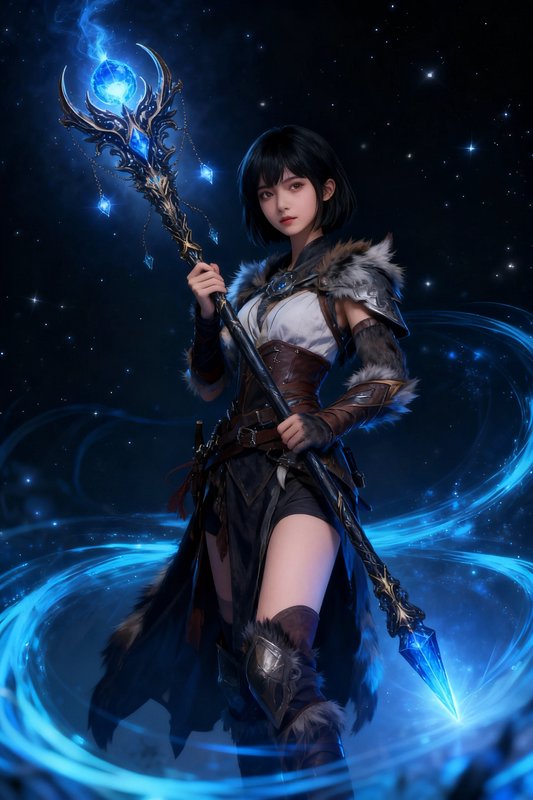 Female fantasy battle mage holding glowing blue crystal staff, surrounded by arcane magic under a...
