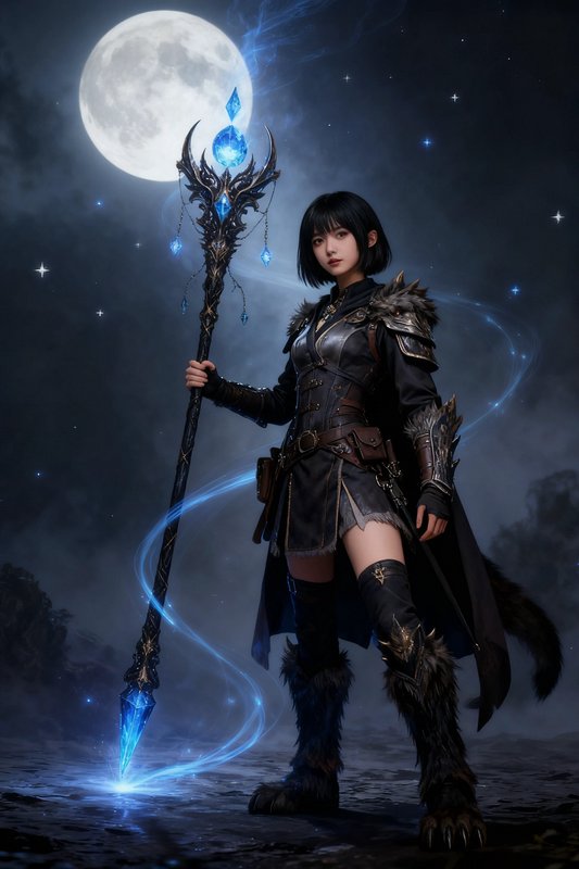 Young female fantasy battle mage holds a glowing blue crystal staff under a bright full moon star...