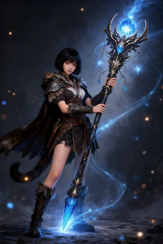 Young cat-eared fantasy mage holds an ornate glowing blue crystal staff against a dark misty magi...