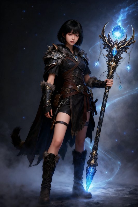 Young female fantasy battle mage in fur-lined adventurer armor holds a glowing ornate blue crysta...