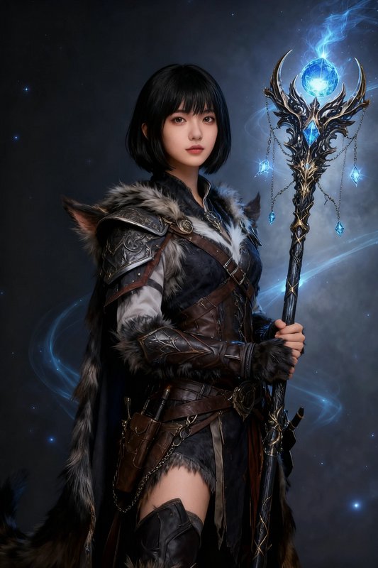 Fox-eared female fantasy mage with short black hair holds a glowing ornate blue crystal staff aga...