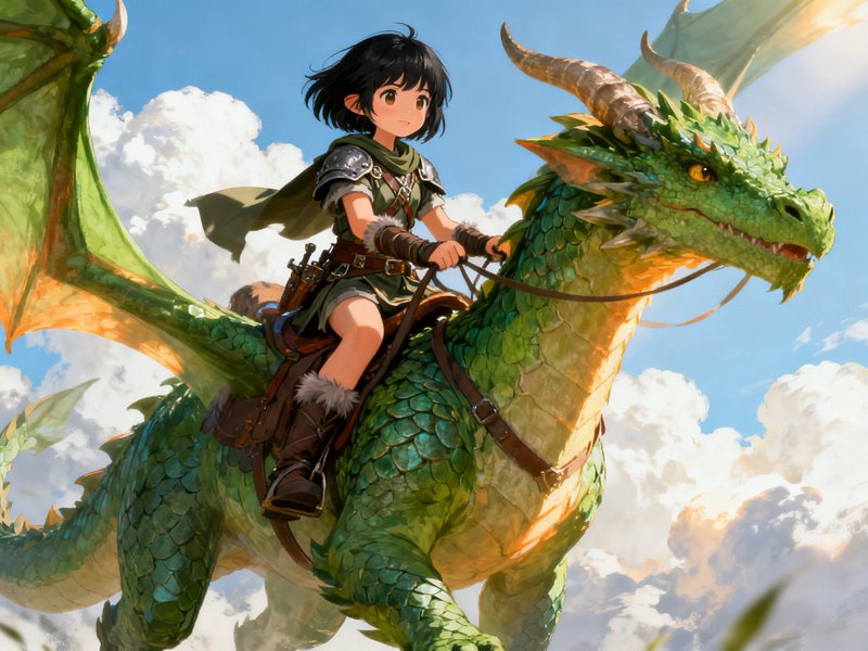 Young anime adventurer rides a scaled green horned dragon flying through bright sunlit cumulus cl...