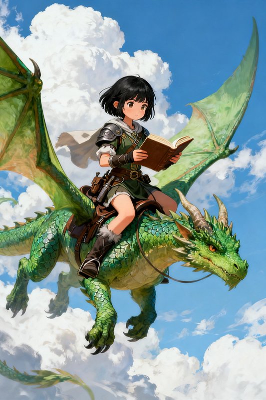 Young anime adventurer girl reads an open book while riding a green dragon flying above fluffy cl...