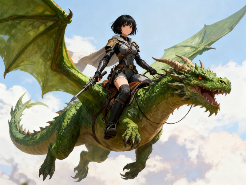Anime female armored dragon rider flying atop a large green scaled dragon through bright cloudy b...