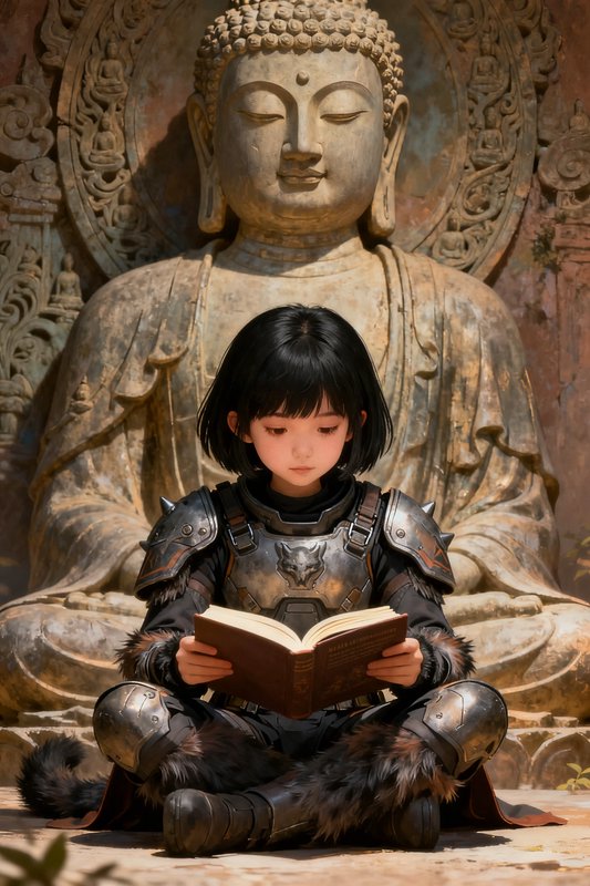 Young armored girl reads an open book while seated cross-legged before an intricately carved anci...