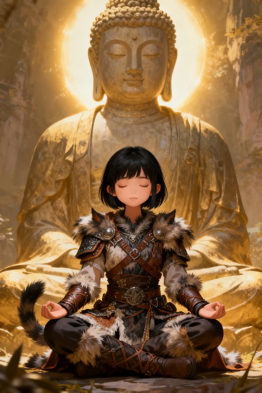 [Anime cat girl in fur adventurer armor meditates cross-legged before a glowing giant golden Buddha statue]