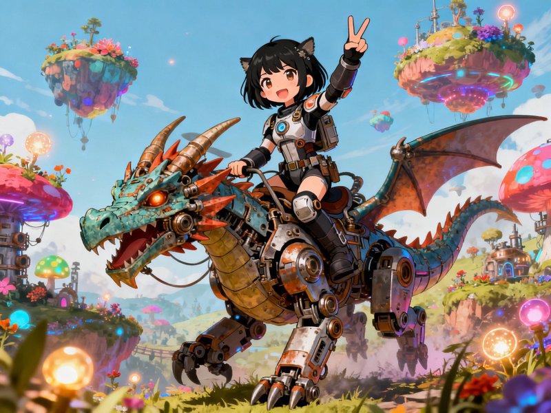 [Cheerful chibi nekomimi anime girl holds a peace sign while riding a steampunk mechanical dragon across a fantasy floatin...