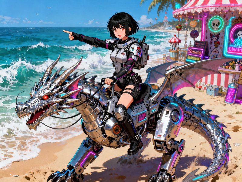 Cheerful anime girl in futuristic armor rides a chrome neon-accented robotic dragon on a sunny beach beside a seaside carn...