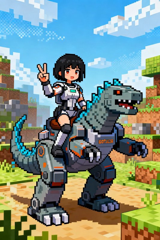 Pixel art anime girl in a sci-fi suit holds a peace sign while riding a mecha Godzilla in a block...