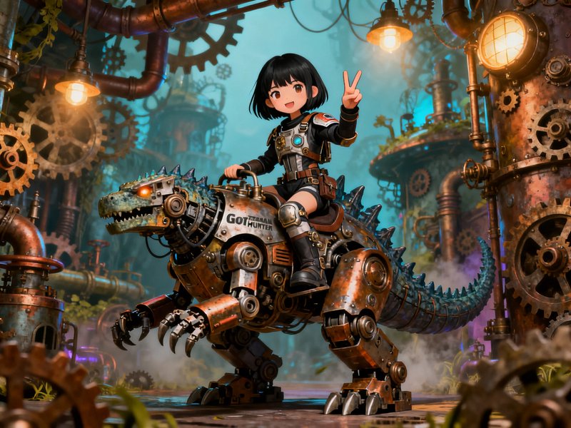 [Cheerful chibi anime girl gives a peace sign while riding a mechanical steampunk dinosaur in a gear-filled industrial fan...