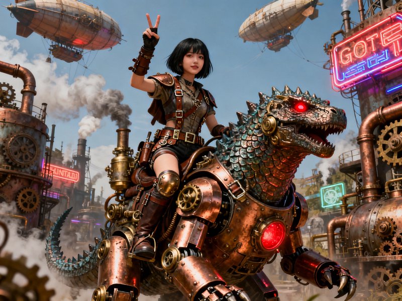 Young steampunk woman gives a peace sign while riding a copper mechanical cyber lizard through an...