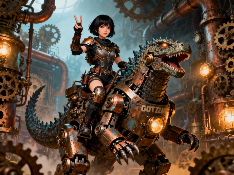 Young anime steampunk girl gives a peace sign while riding a brass mechanical robotic T-rex in a ...