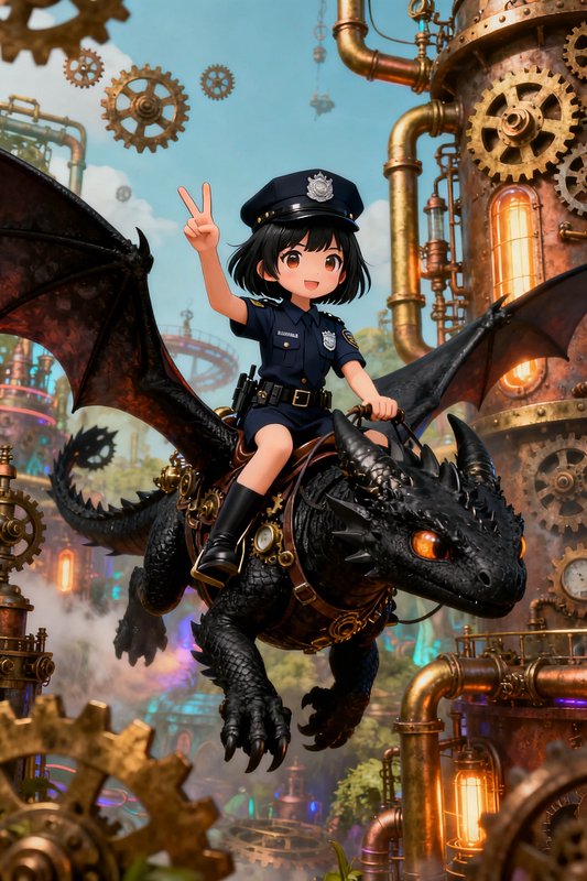 Chibi anime police girl holds up a peace sign while riding a black dragon through a steampunk ind...