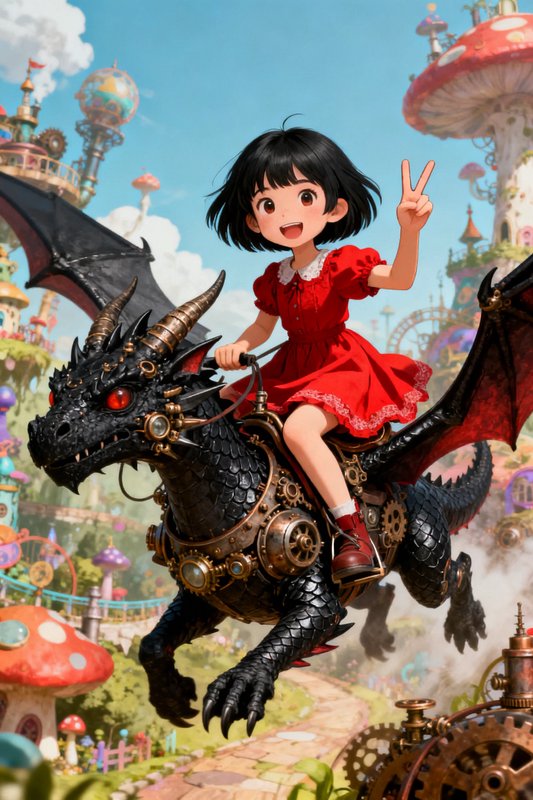 Cheerful anime girl in red dress flashes a peace sign while riding a steampunk black dragon over ...