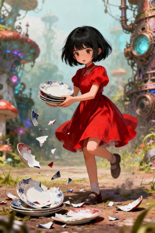 Anime girl in a red dress trips, dropping stacked porcelain plates that shatter in a whimsical steampunk mushroom forest.