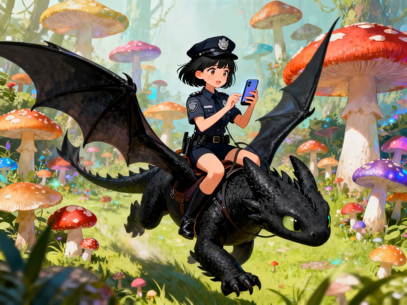 Anime police officer riding a friendly black dragon uses a smartphone in a sunlit giant magical mushroom forest.