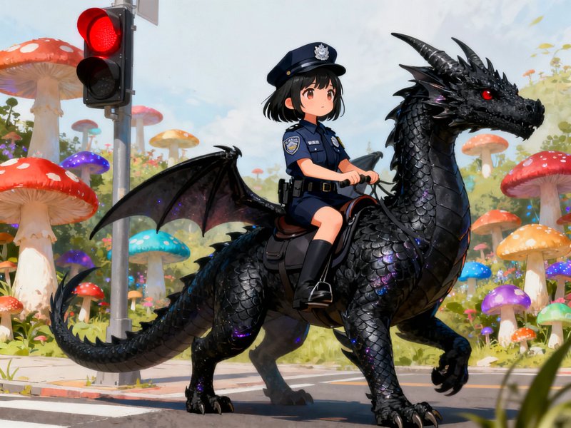 Chibi anime police officer riding an iridescent black dragon across a crosswalk beside giant colo...