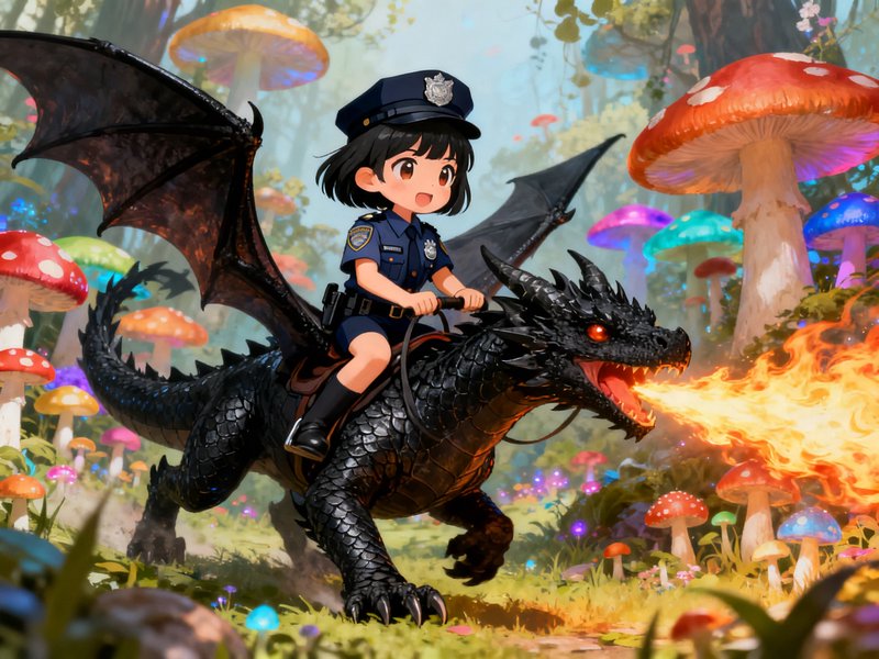 Chibi girl police officer riding a fire-breathing black dragon through an enchanted oversized mus...